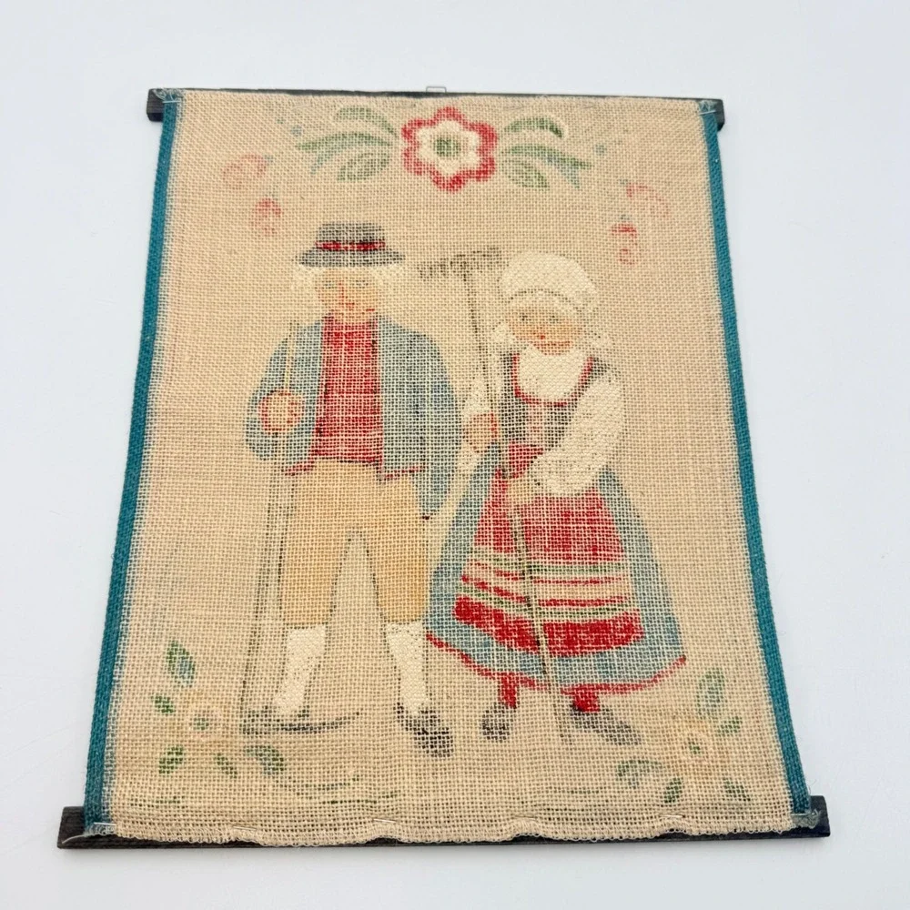 Vintage Scandinavian Folk Art Burlap Wall Hanging Couple Wood Dowels 8.5x11.5